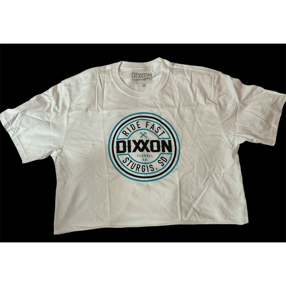 Dixxon Ride Fast Sturgis Cropped WHITE T-Shirt Raw Hem Large Women’s
